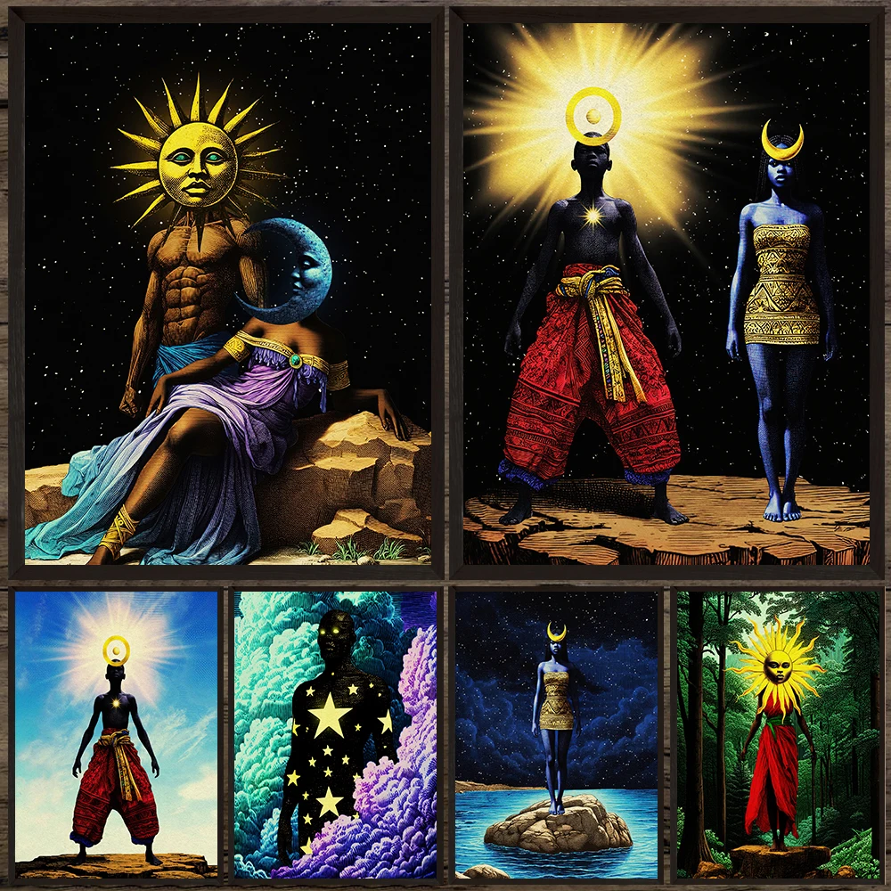 

Sun,Moon And Stars,Abstract Wall Art Canvas Painting,Wherever The Sun Shines,Tarot Vintage Art Poster Print Home Decor Unframed