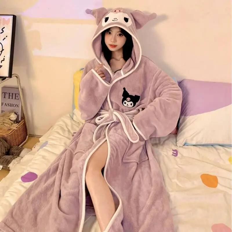 

Sanrio My Melody Kuromi Cinnamoroll Pom Pom Purin Thickened Cute Cartoon Sleeprobe Hooded Bathrobe Women New Trend Coral Flannel