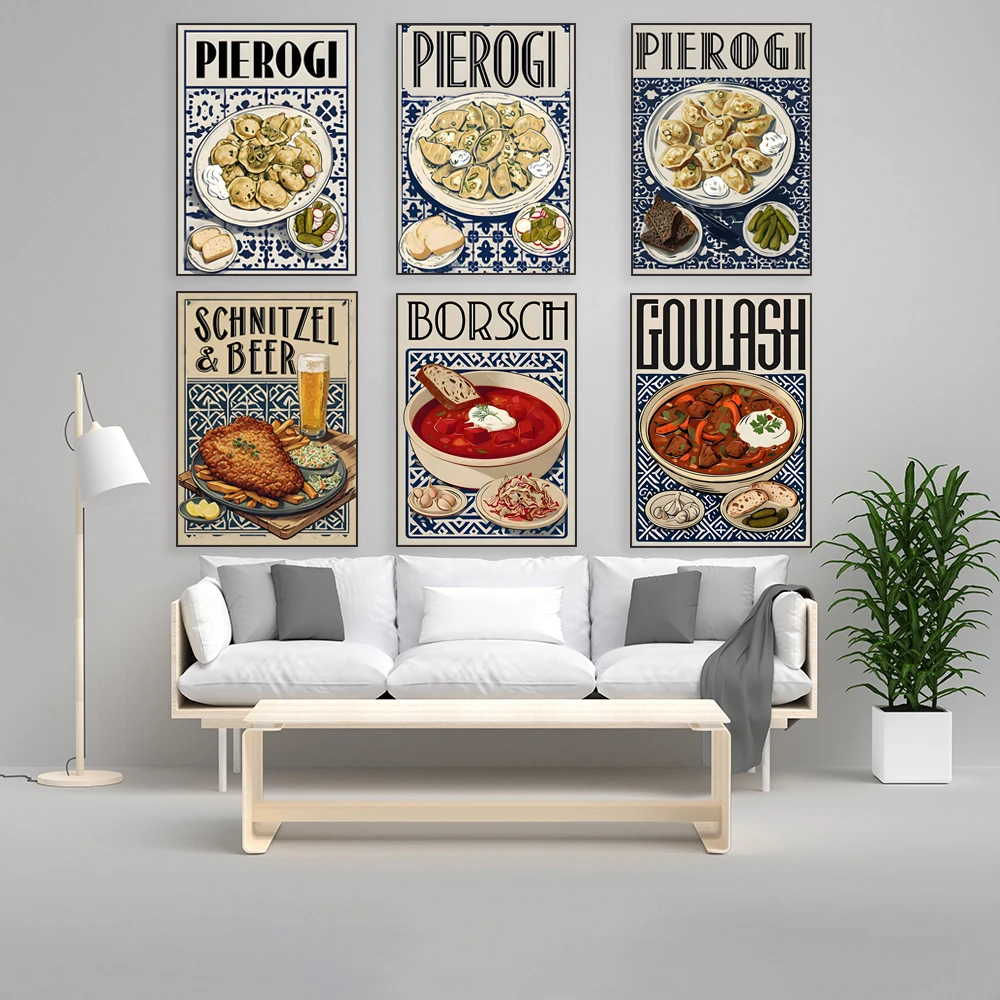 جولاش المجرية، بورشيت أوكراني، ألماني، شنيتزل وبيرة، بيروجي زلابية لذيذة ملصق جدار ديكور فني للمطبخ #4