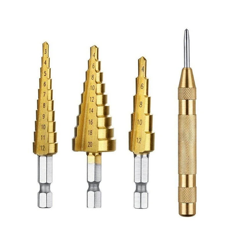 

(3Pcs Sets 3-12mm 4-12mm 4-20mm) Wood Metal Hole Cutter Drilling with A Center Puncher High Speed Steel Step Drill