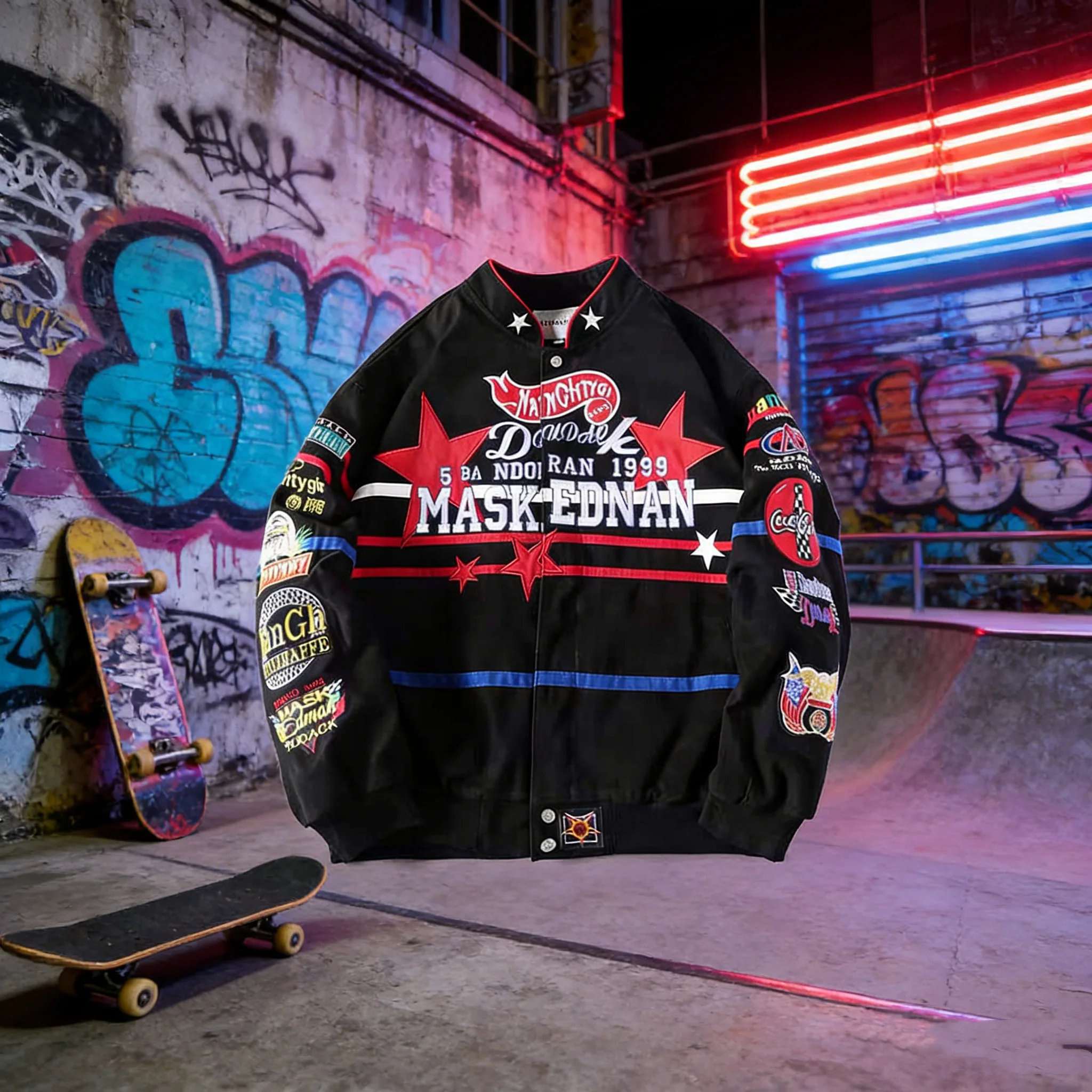 Vintage Heavyweight Cotton Racing Jacket – Embroidered Streetwear Bomber for Men, Hip Hop Skate Outdoor Coat