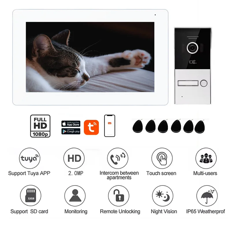 Jeatone TUYA 7 Inch 2 Wire Video Intercom DoorPhone 1080P Touch Screen Wired Doorbell Access Control System for Villa Apartment