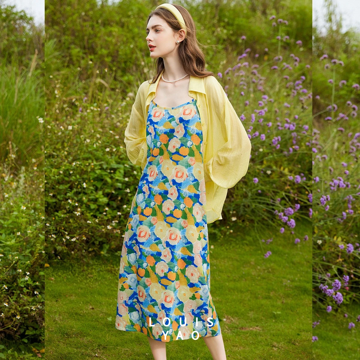 

LOUISYAO 2026 Autumn Shirt Slip Dress Two Piece Set Women Pastoral Floral Print Outfit