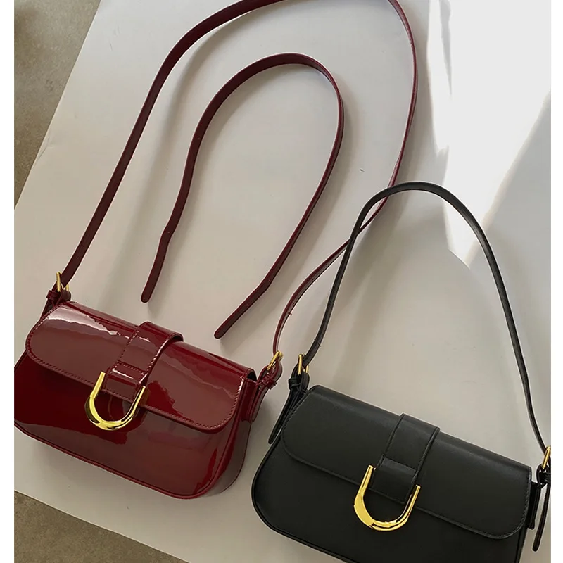 Wine Red hand-held Underarm Bag Women Advanced  Women\'s Retro Fashion Single Shoulder Crossbody Bag Trend Glossy PU Phone Bag