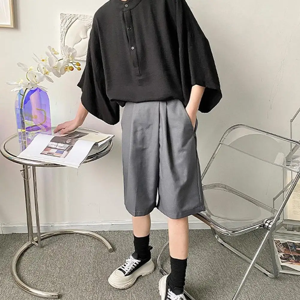 

Loose Fit Solid Color Shirt Japanese Style Men's Pullover Shirt with Stand Collar Bat Sleeves Loose Fit Mid Length Top for Fall