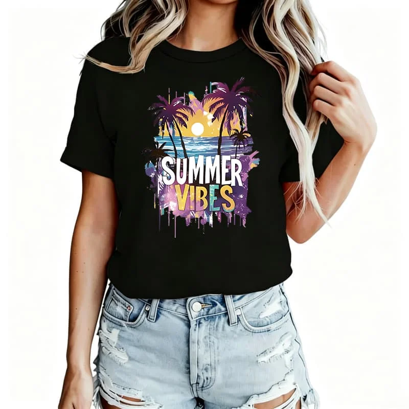 Island, Sea Surface, Sunset Women's T-Shirt 100% Cotton Funny Graphic Short Sleeve Tee Novelty Shirt Casual Crew Neck Top S-5Xl