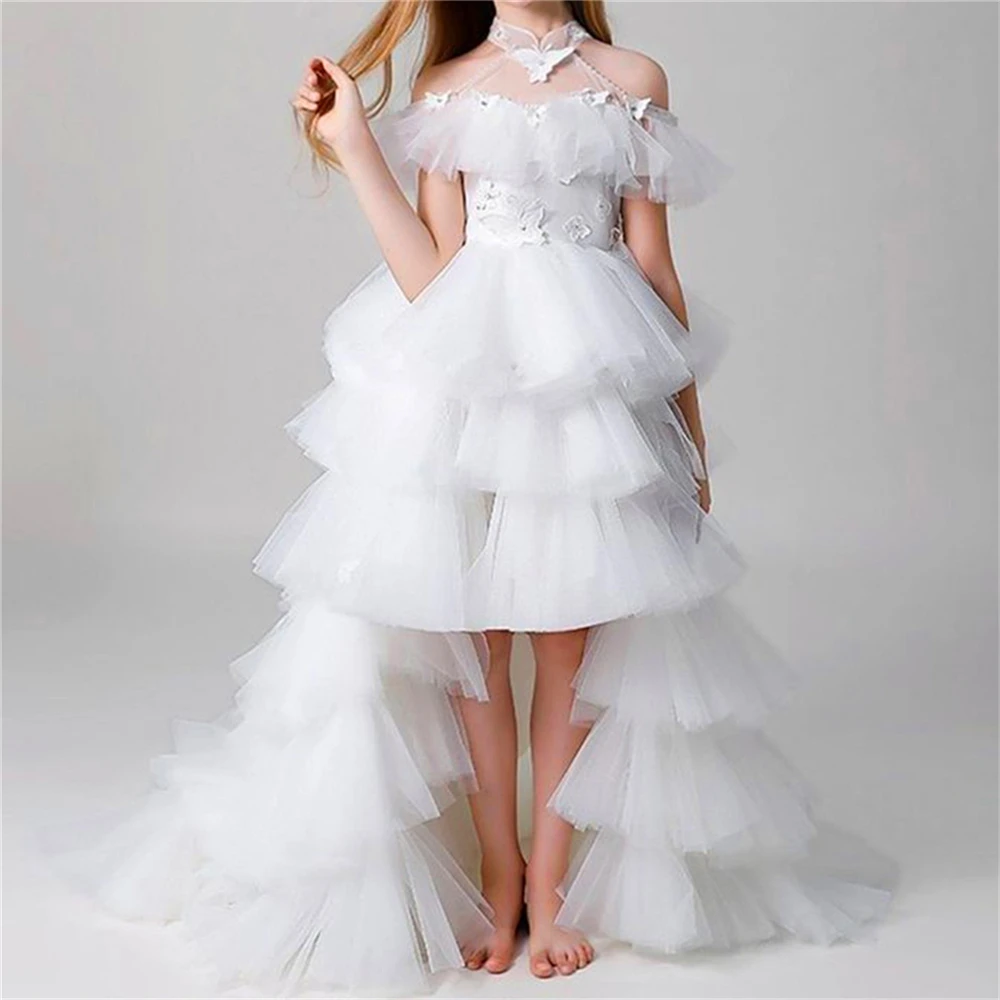 

Holy White Angel Tulle LaceLayered Tail Flower Girl Dress Princess Ball First Communion Dresses Kids Surprise Birthday Present