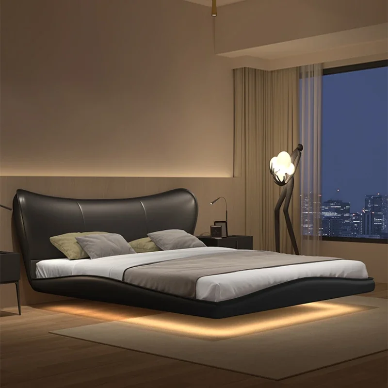 Italian Minimalist Suspension Bed Modern Minimalist Water Wave Silent Style Leather Master Bedroom Double Bed 2023 New