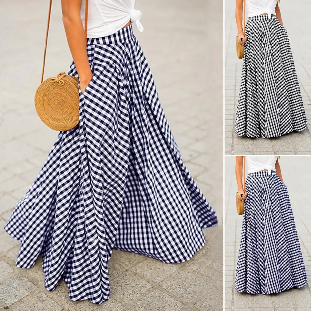 2024 Women's Skirts Vintage Plaid Check Long Skirt Zipper Pleated Bohemian Female Casual Pockets Maxi Skirts Streetwear Skirt