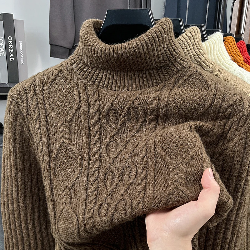 

New Trendy Thick Men Sweater 2025 Winter Turtleneck Plaid Warm Jumper High Collar Knit Clothes Pullover Sweaters