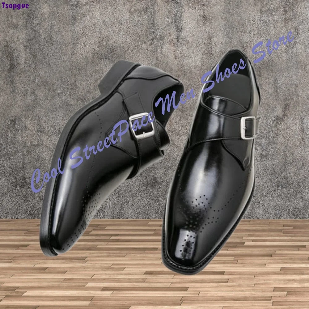 Vintage Men Small Square Toe Brogue Monk Shoes Single Metal Buckle Genuine Leather Formal Wedding Business Men Dress Shoes
