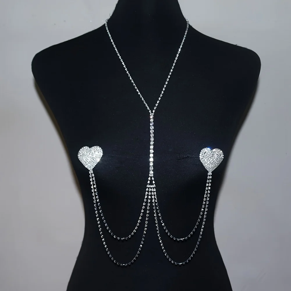 Sexy Bikini-Ketten-Halskette mit Strass-BH-Ketten-Harness und Brustherz-Nippel-Sticker für Damen – sexy BH-Abdeckung – Detail 3