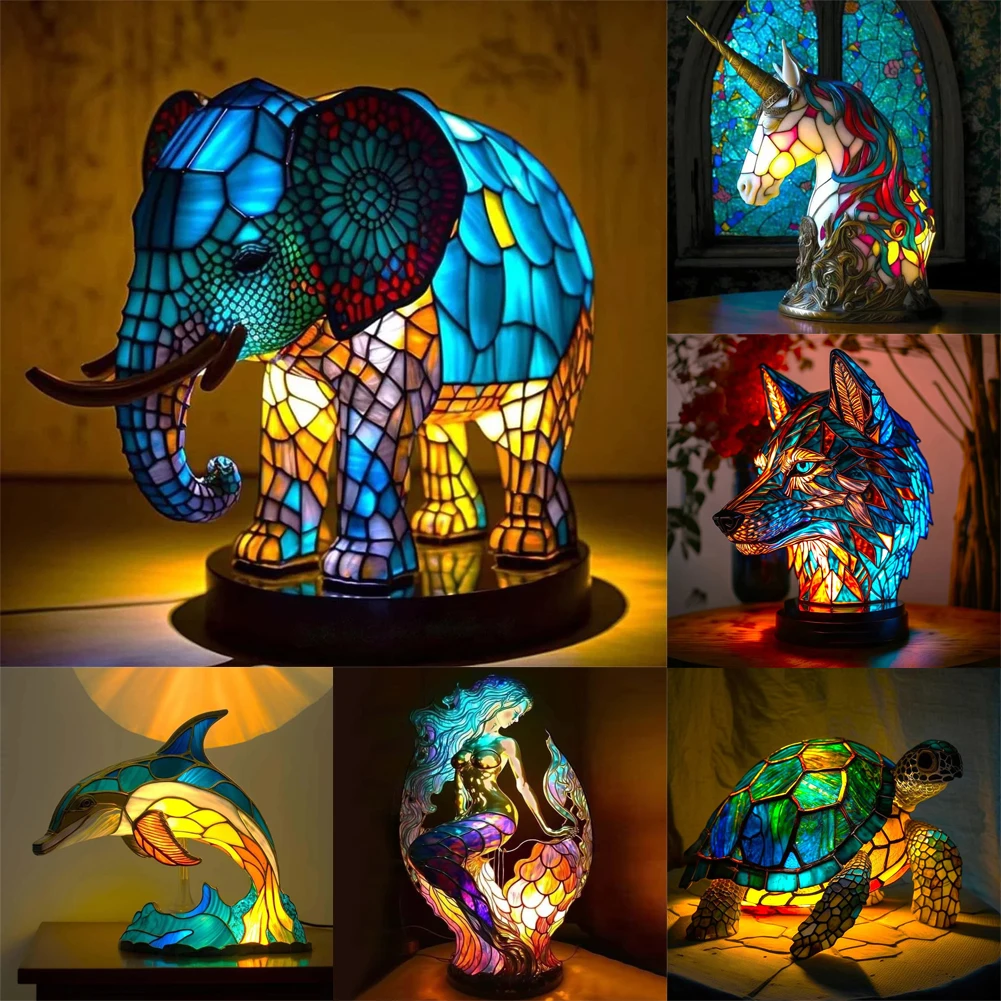 

Animal Table Lamp Series Lion Dolphin Wolf Stained Glass Bedside Light Owl Horse Rooster Elephant for Living Room Bedroom Office