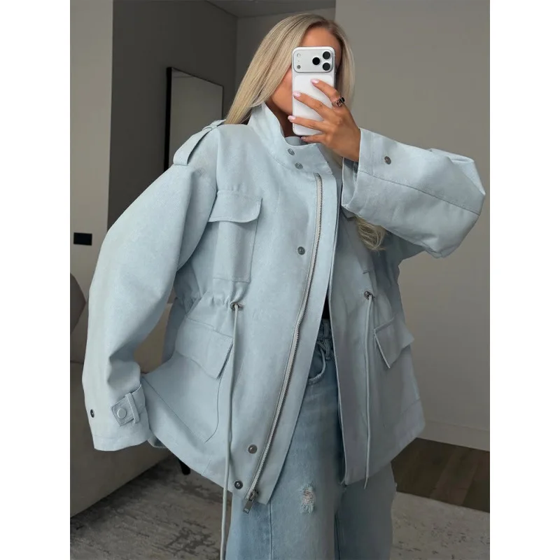Stand Collar Button Closure Flap Pockets Long Sleeve Coats Lady Casual Outfit Women Light Blue Drawstring Waist Jacket