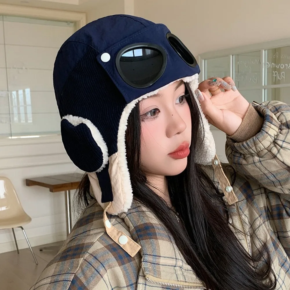 Windproof Winter Pilot Hat With Goggles Anti Fog Ear Protection Warm Ski Hat Neck Protector Cold Proof Plush Hat Autumn Winter