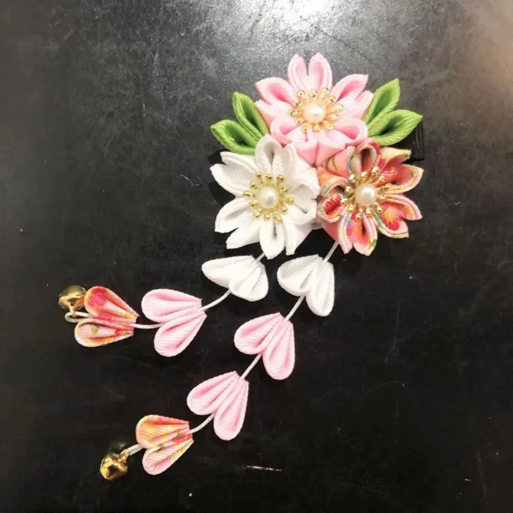 Hanfu Accessories Japanese Kimono Headwear Ancient Style Cloth Sakura Flower Hair Clip Handmade Sweet Tassel Flower Hairpin