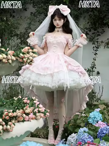 Japanese Spring 2026 Sweet Lace Bow Word Shoulder Cake Lolita Princess Evening Dress Sweet Ball Gown Birthday Dress Women
