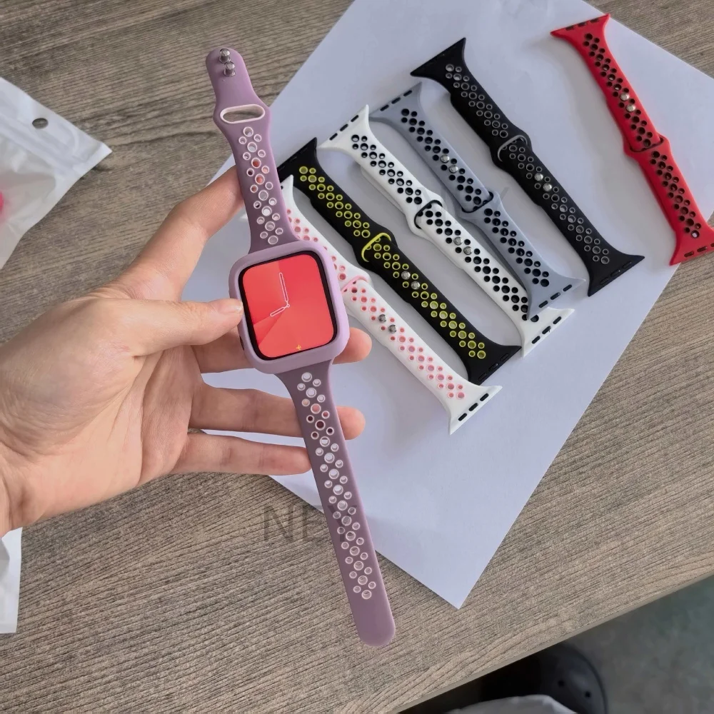 Breathable Two Tone Silicone Combo Set Tapered Double Pin Strap+Protective Case For iWatch Series11 Ultra 3 41/45/49mm