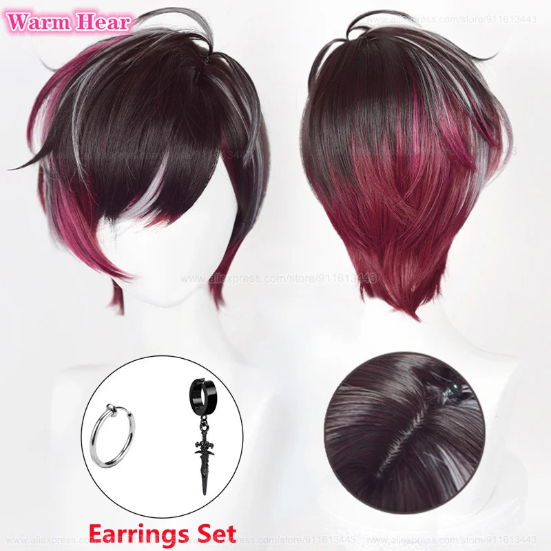 

Vtuber NIJISANJI Ver Vermillion Cosplay Wig Short Color Mixed Kaichou Wig Heat Resistant Hair Halloween Party Wigs + Wig Cap