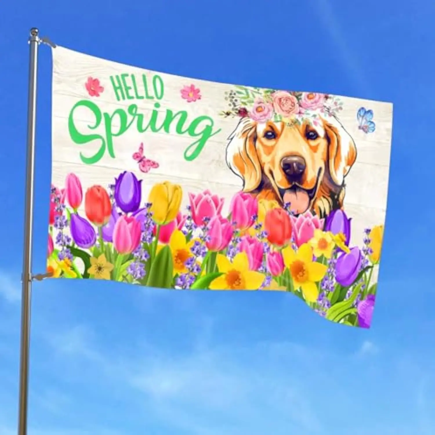 Hello Spring Golden Retriever Dog Garden Flag Polyester Seasonal Tulip Flower House Banner