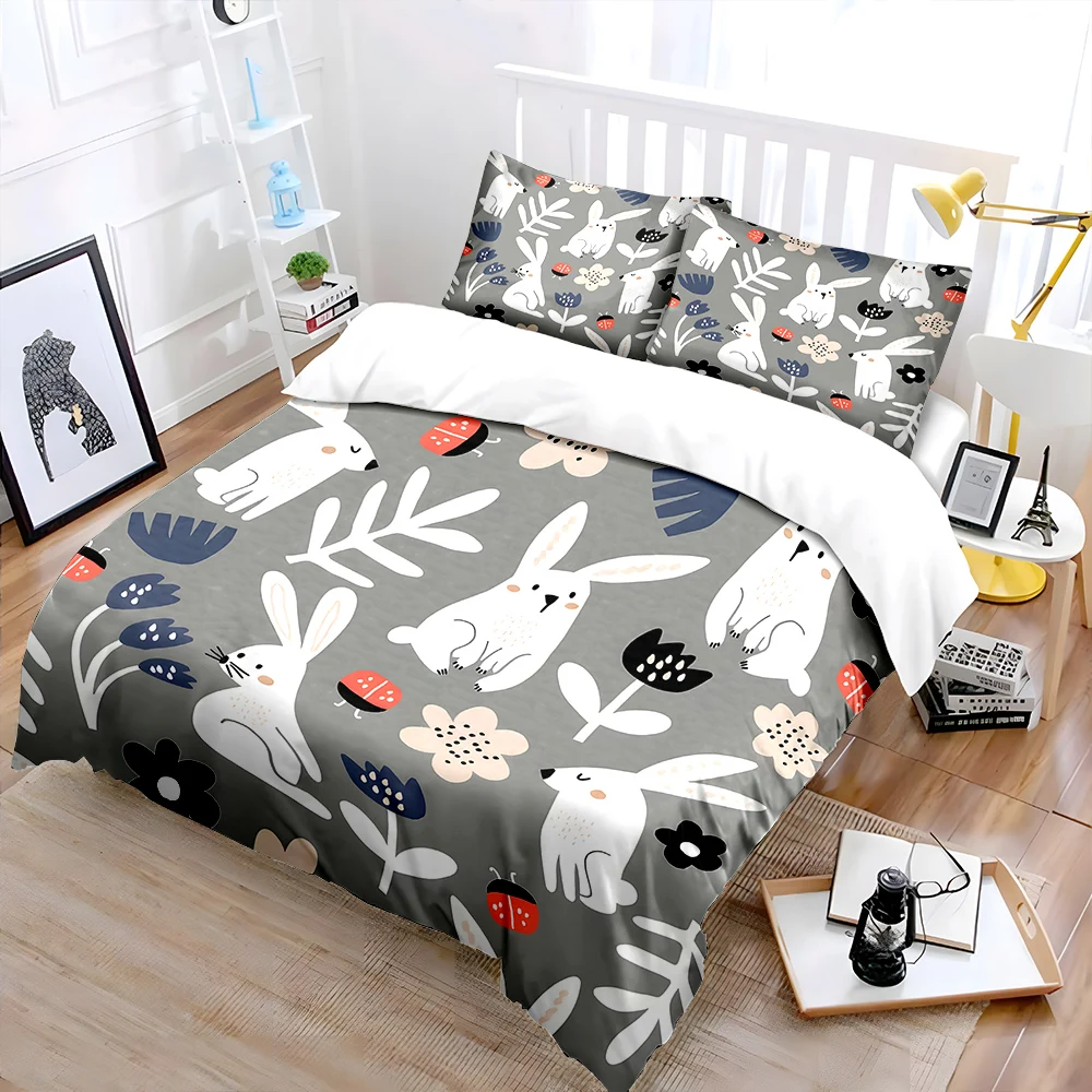 Cartoon rabbits and floral pattern Bedding Set for Kids Luxury Gift 3pcs Digital Print Comforter Set Soft Comfortable Breathable