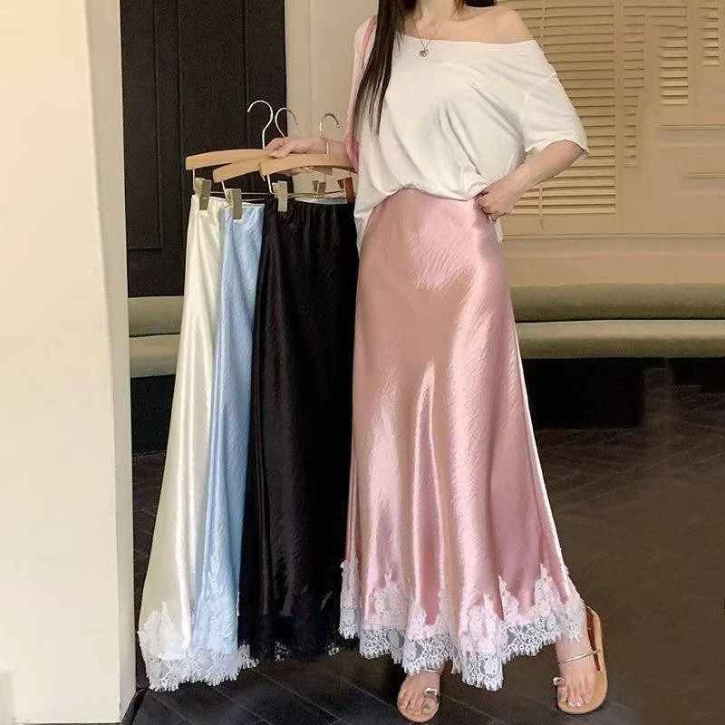 Francês elegante sólido midi saia senhora do escritório rendas retalhos saia casual retro coreano moda midi saia mulher design chique