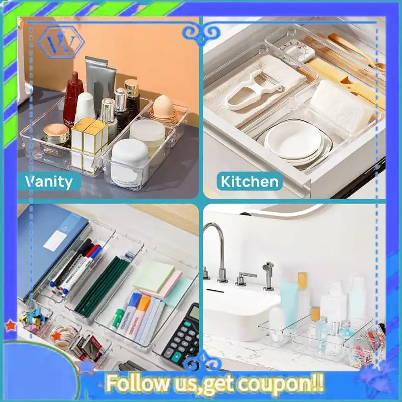 

A55P-15PCS Clear Plastic Drawer Organizer Set 4-Size Versatile Bathroom And Vanity Drawer Organizer Trays Storage Bins