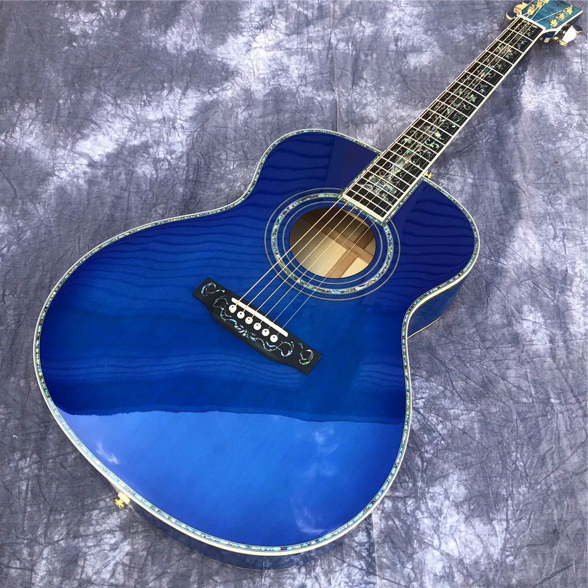 

Custom Blue Solid Spruce Top Acoustic Guitar Abalone Inlays 40 Inches OM Type Maple Back And Sides Guitar