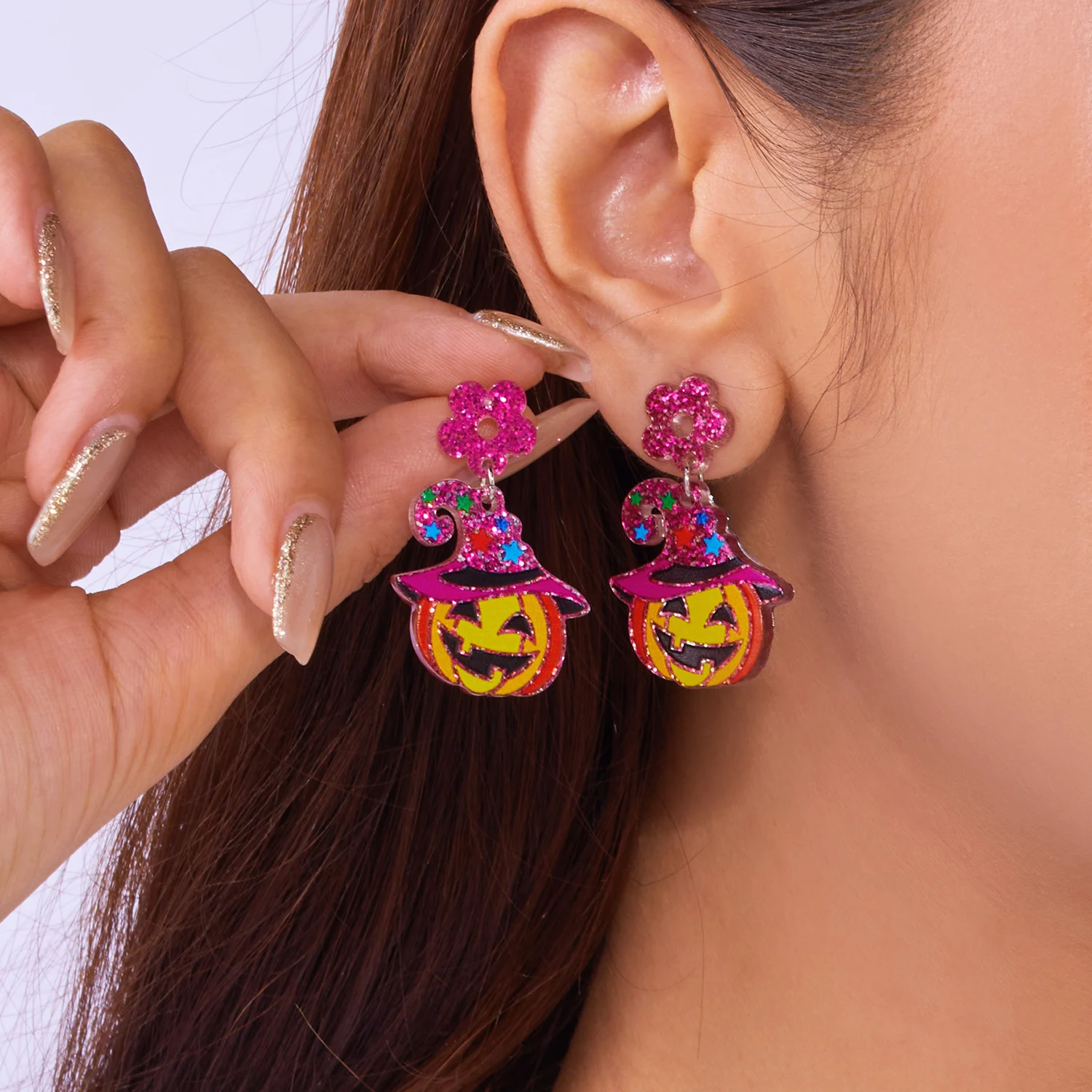 

Vintage Punk Acrylic Halloween Earrings for Women Lovely Pumpkin Ghost Skull Castle Flower Print Earring Girl Party Jewelry Gift