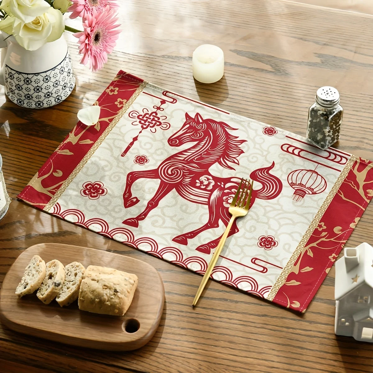 4pcs Red Horse Placemats – 2026 Zodiac Design, Chinese New Year Theme with Cut-Out Horse & Lanterns, for Lunar Festival Decor