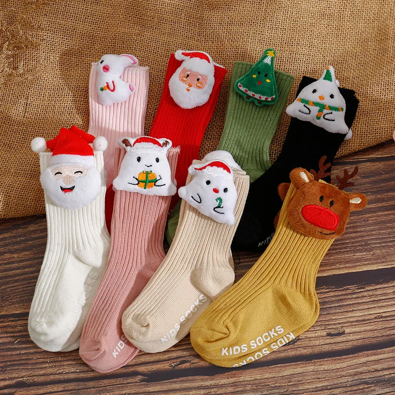 

Children's Christmas Socks with Velvet Bow Baby Socks Non Slip Solid Color 2024 New Cartoon Santa Claus Baby Long Socks