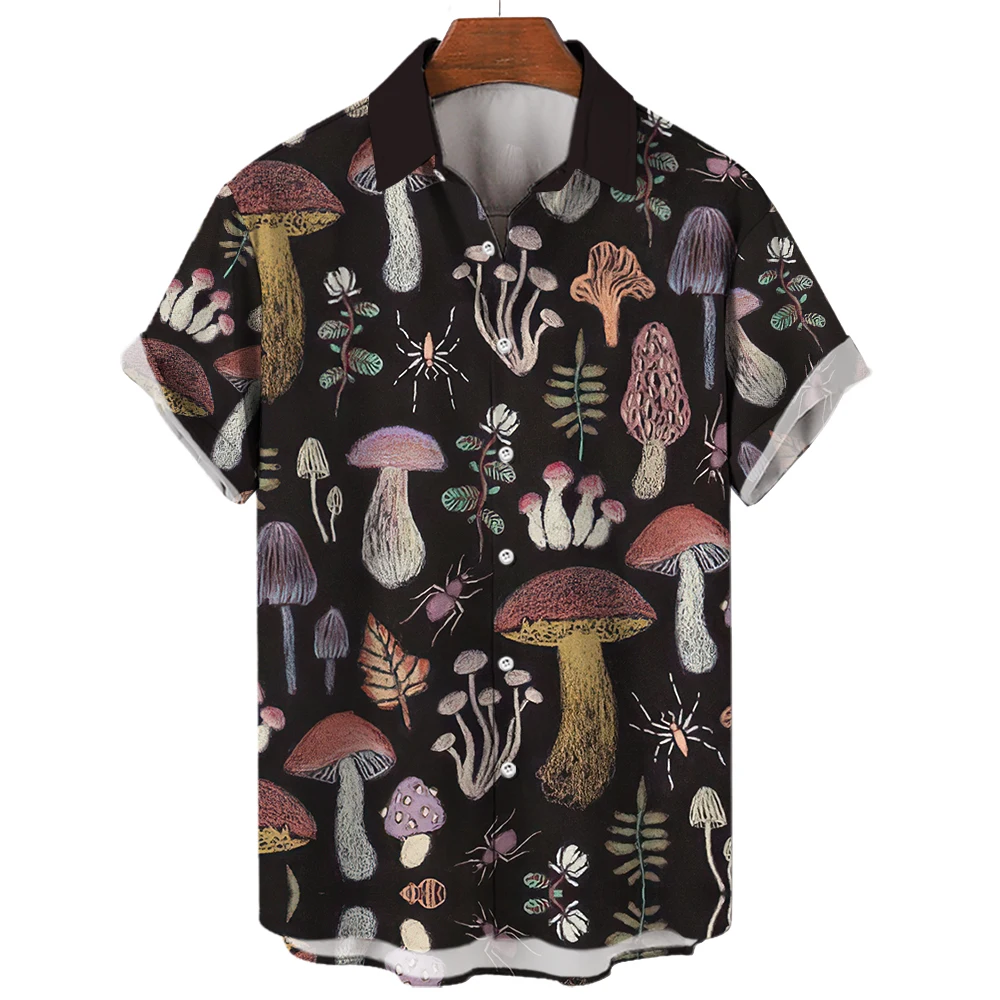 Summer Men\'s Hawaiian Shirt Lapel Short Sleeve Colorful Element Mushroom Pattern 3D Printing Button Trend Casual Shirts Tops 5XL