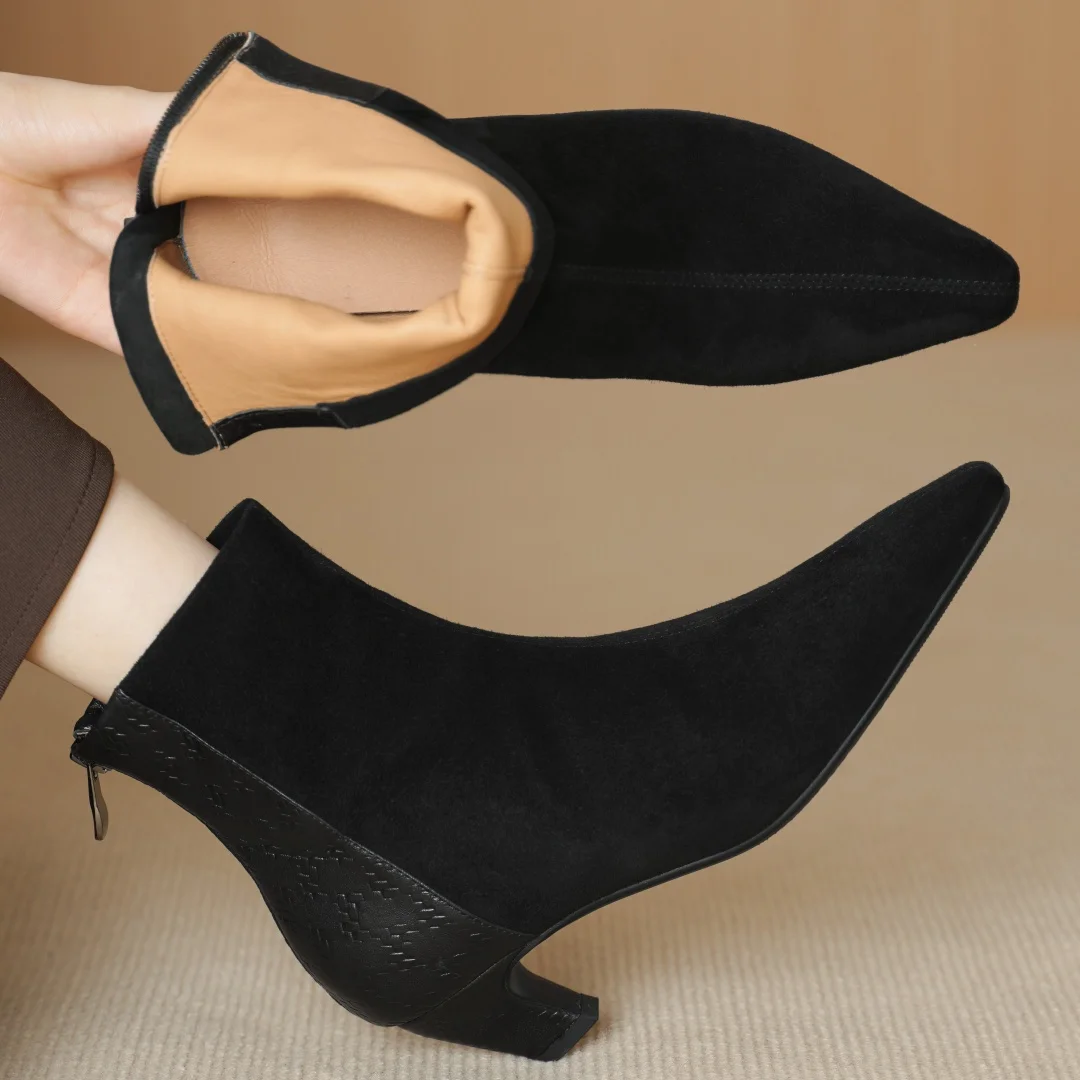 

Women's genuine leather patchwork pointed toe back zip autumn ankle boots elegant ladies 5cm thin high heel daily dress shoes