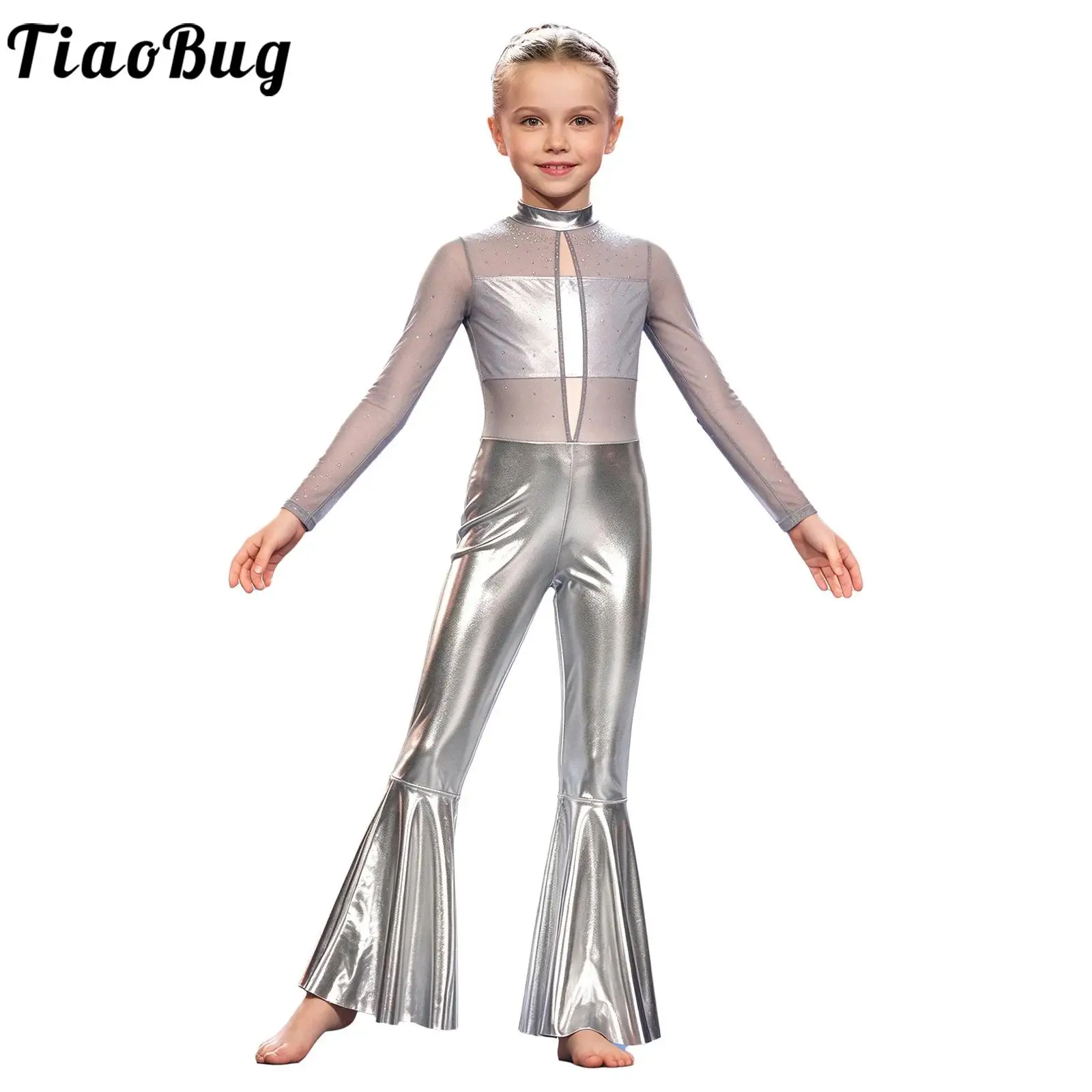 Teen Girls Metallic Disco Jazz Modern Dance Performance Jumpsuit Long Sleeve Cutout Mesh Shiny Rhinestone Bell-bottom Bodysuit