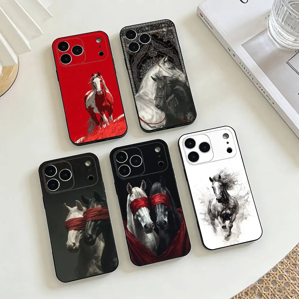

Horse Year Art Decor Phone Case For iPhone 17,16,15,14,13,12,11 X XR Plus,Soft Silicone Black Cover