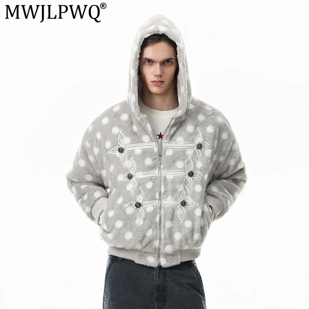 MWJLPWQ Men's Winter Coat Polka Dot Faux Mink Fur Hooded Double-Breasted Design Loose Fit Trendy Tops 2026 New Tide 21343