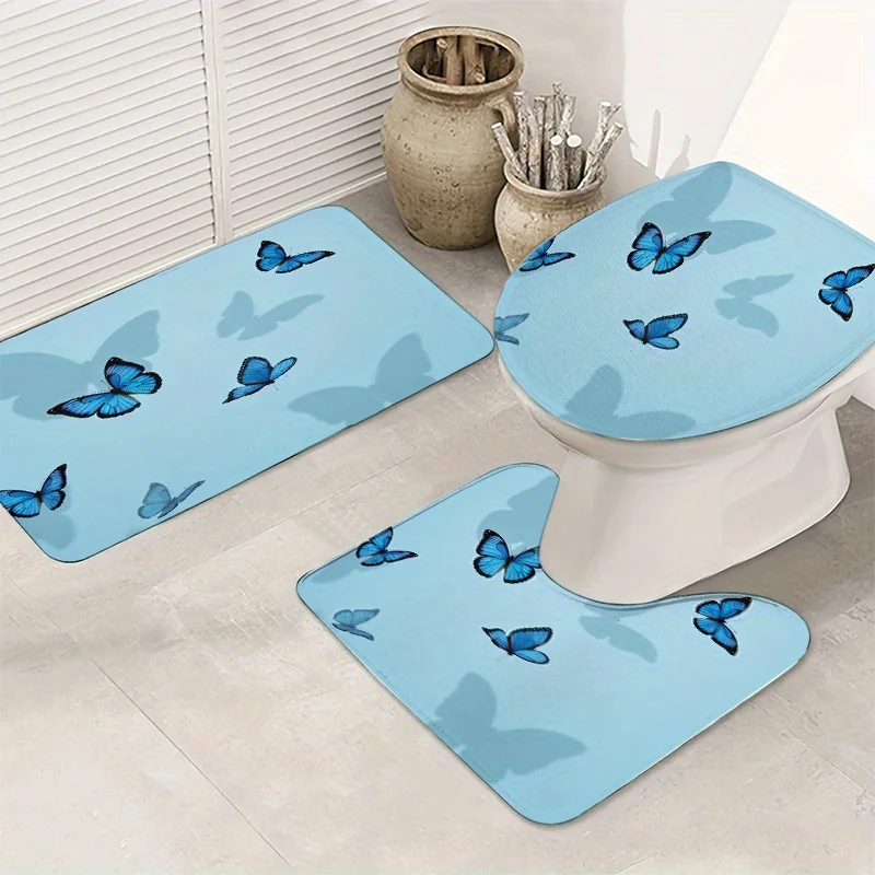 

Декор для ванной комнаты из 3 предметов с синим узором бабочки, полиэфирная ткань, можно стирать в машине, U-образный коврик, нескользящий коврик, чехол на сиденье унитаза