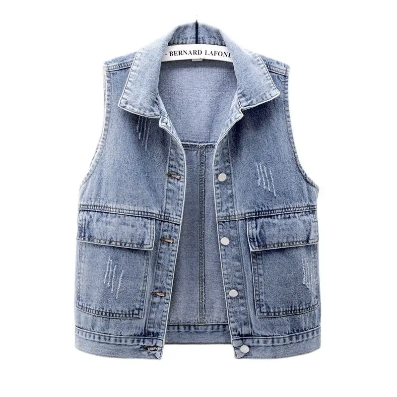 Women Large Size Lady  Denim Vest Jacket Clothing Summer Fashion Waistcoat Female Casual Big Size Jeans Sleeveless Jackets Tops