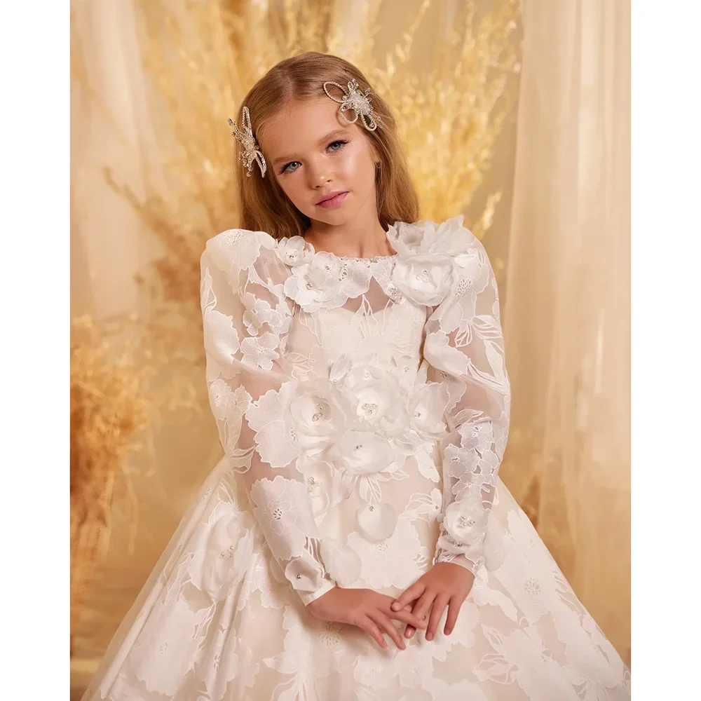 Vestidos blancos de manga larga con cuello redondo para niñas, vestidos con apliques de flores, tren de barrido a la moda, vestidos de fiesta acampanados, vestido elegante para niños