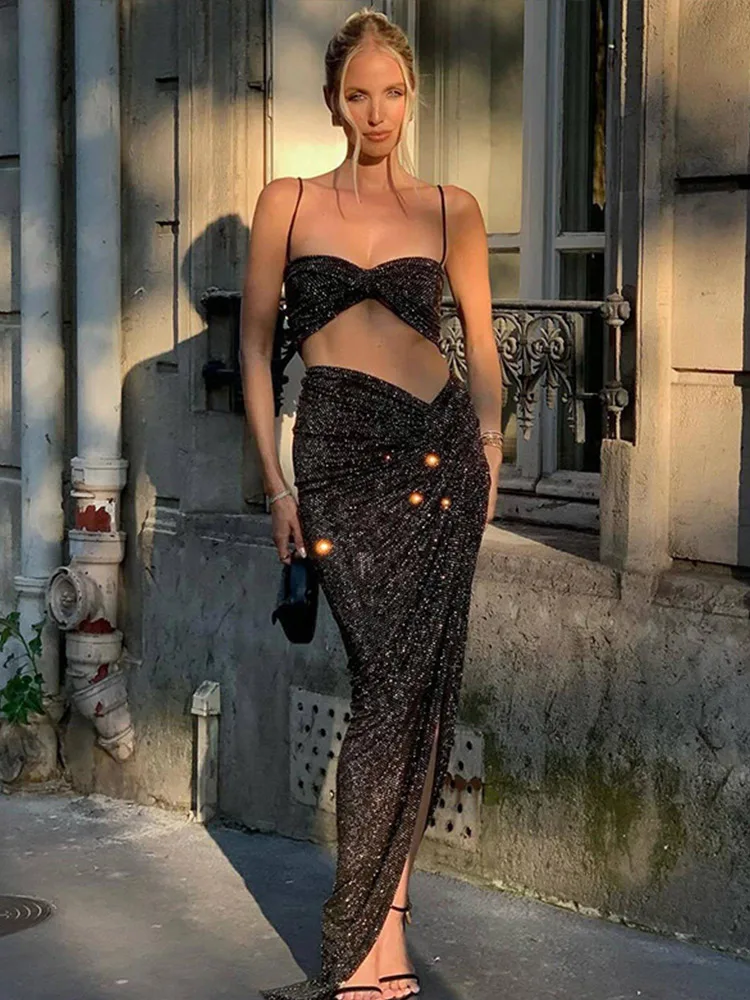 

Sexy Sequin Women's Dresses Set Elegant Split Long Skirts Shiny Glitter Sleeveless Short Tops Slim Fit Solid Color Women Skirt