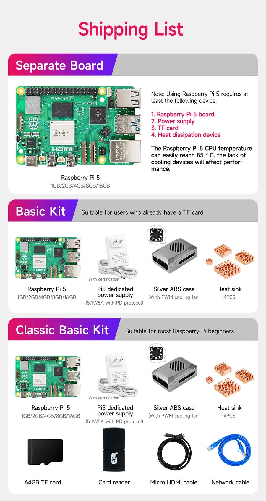 Original Raspberry Pi 5 1G 2G 4G 8G 16G RAM Entwicklungsboard KI Großes Sprachmodell-Kit Gehäuse Lüfter Netzteil Zubehör – Detail 4