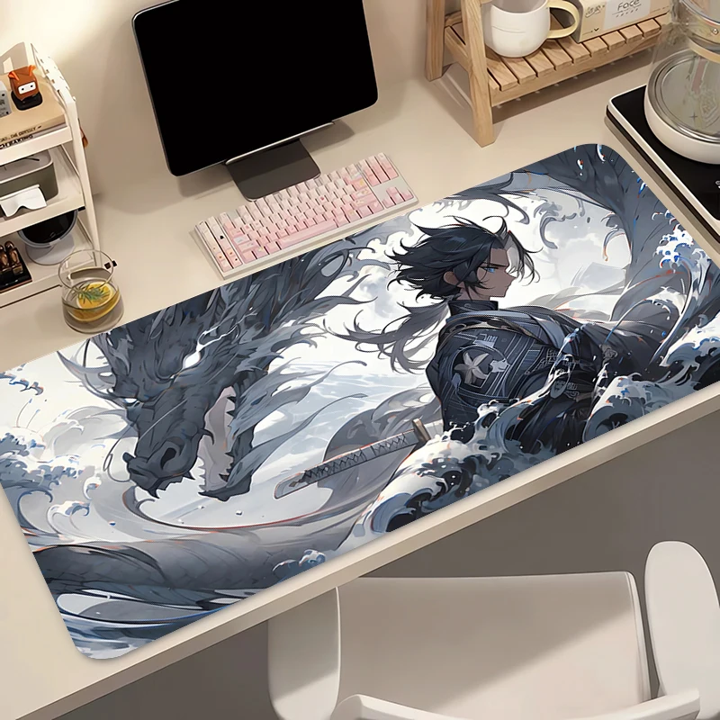 Резиновый коврик для мыши, игровой коврик для мыши, ноутбук, луна, самурай, расширенный настольный коврик, аксессуары для ПК, коврик для клавиатуры, компьютерный коврик для стола с драконом