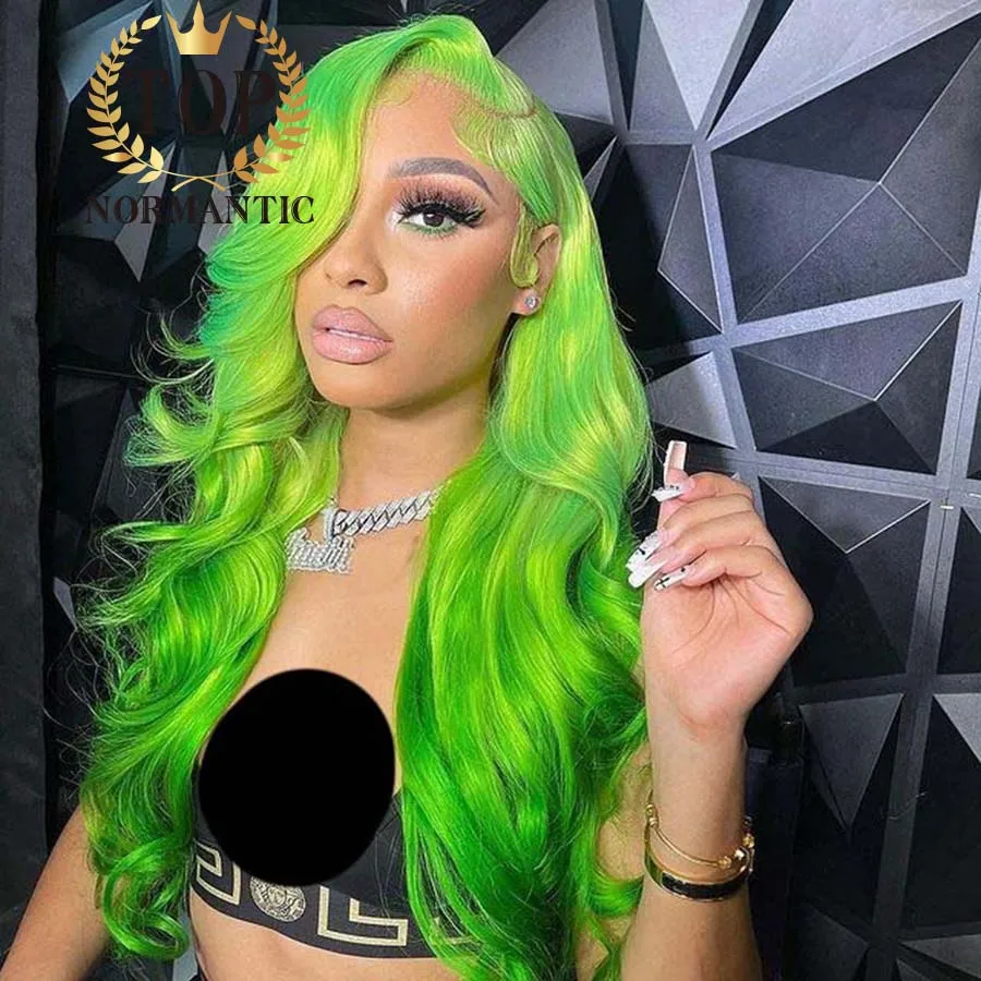 Topnormantic-Ombre Cor Verde Brilhante Peruca de Cabelo Brasileiro, Parte Lateral, 13x4, Transparente Lace Front Wig, 13x6 Lace Wigs