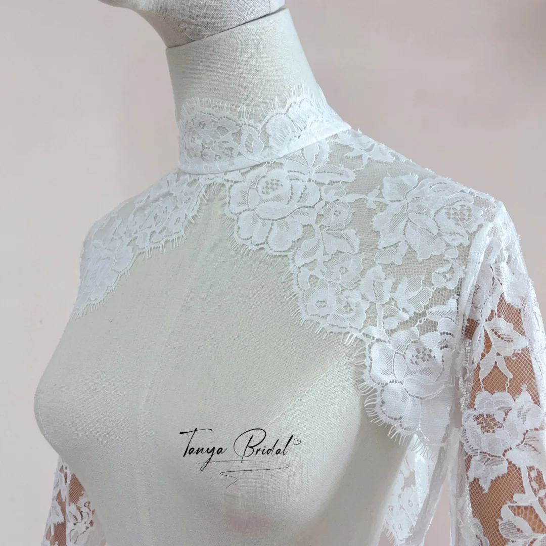 Lace Wedding Dress Jacket Shawl Long Sleeve High Neck Bolero Top For Brides Button Back Bridal Outerwear