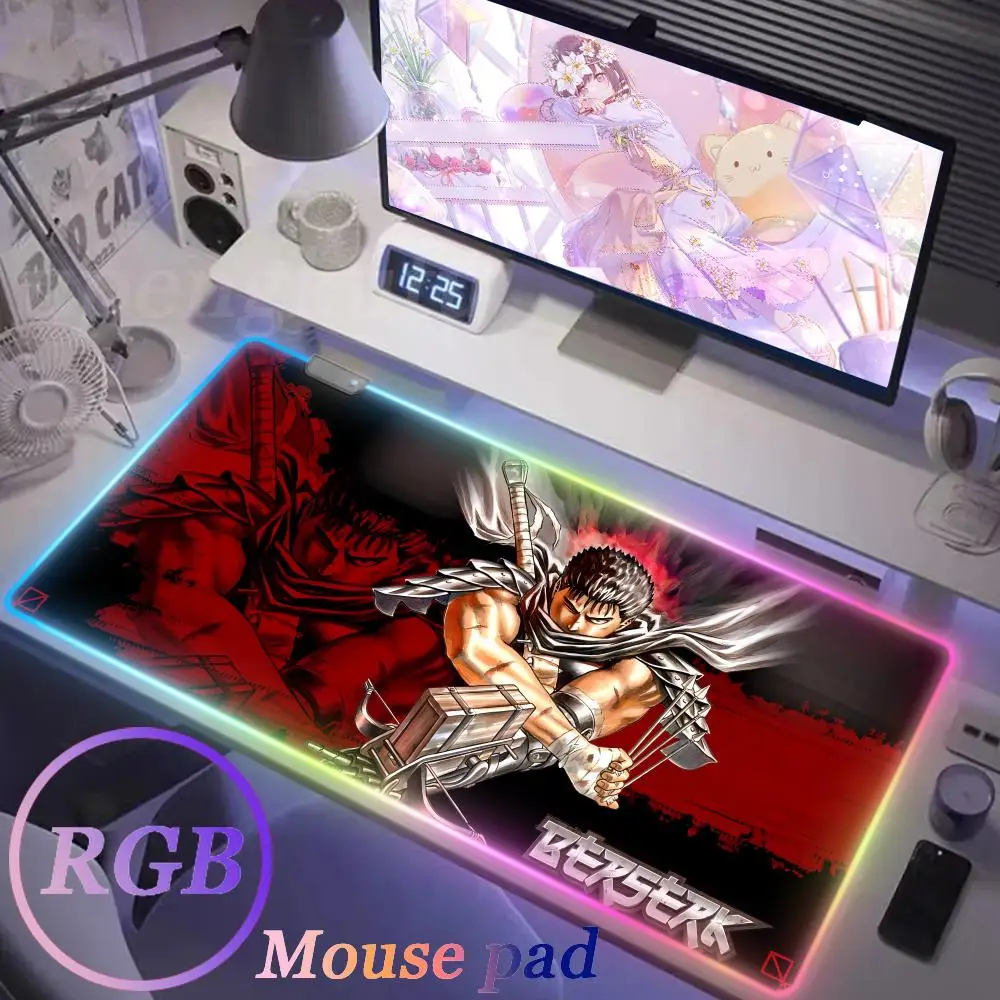 RGB Mouse Pad Anime Berserk Guts Gaming Accessories Computer Keyboard Backlit LED Deskmats Gabinete Gamer Carpet Tapis De Souris