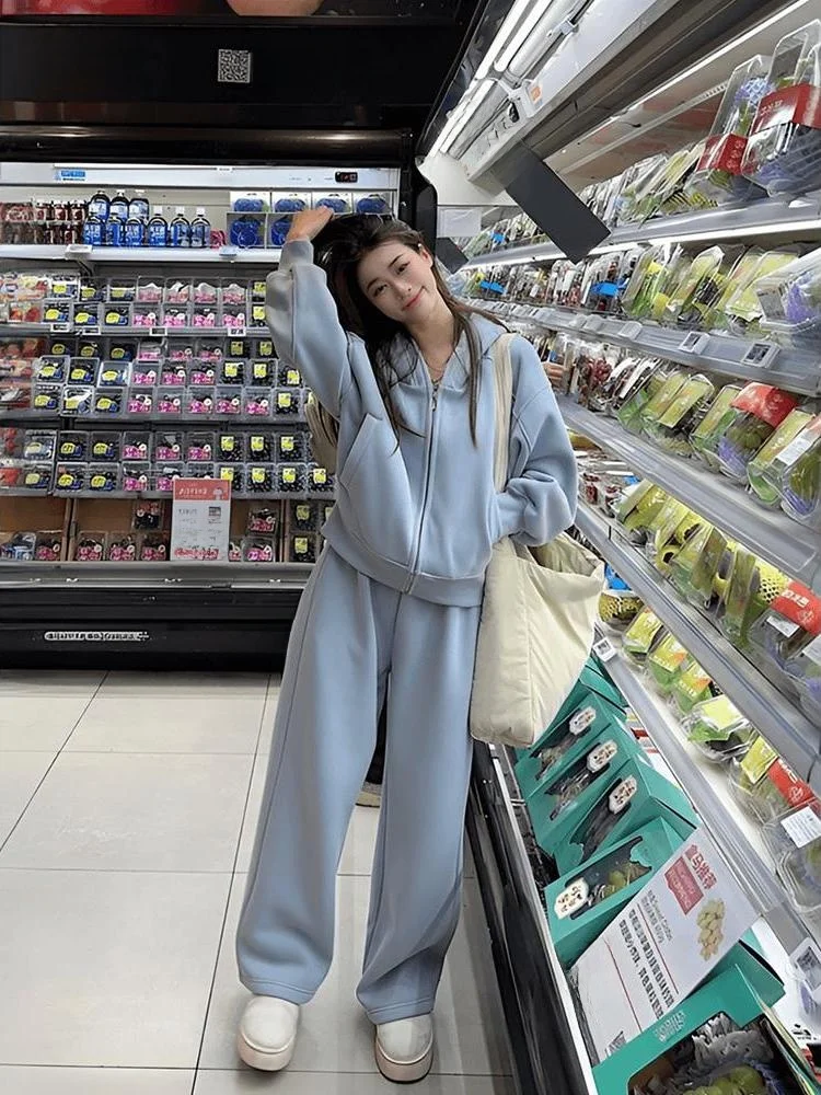 

Autumn Winter Hooded Sweatshirt Sportswear Set Women's Fashionable Casual Two-piece Set Student Style Long Sleeve Zipper Closure