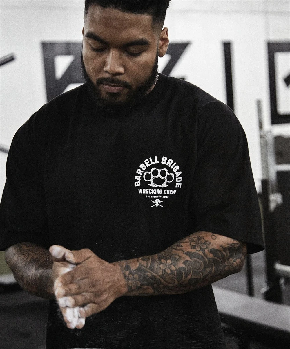 Barbell Skull Print Gym Shirt Men Cotton Homme Short Sleeve Running T Shirt Men Workout Training Sport Tees Tops Oveisize