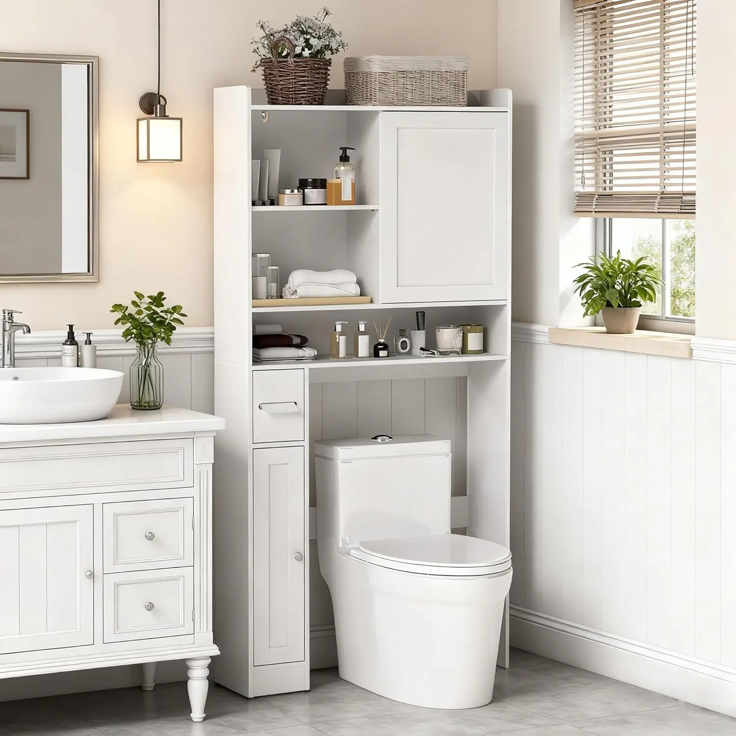 

Over The Toilet Storage Cabinet, 32.5"W Freestanding Space Saver with Sliding Door, Toilet Paper Holder &, Customized