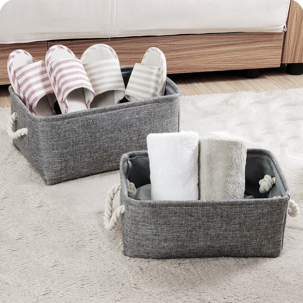 Linen Storage Basket With Handle Foldable Laundry Baskets Cosmetics Container Cotton Sundries Storage Box Grey Desktop Organizer