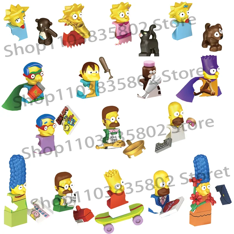Conjunto de 8 Peças de Blocos de Montar Simpsons: Homer, Bart, Família Simpson, Pronton, Milhouse, Figuras de Ação, Brinquedos de Presente para Crianças